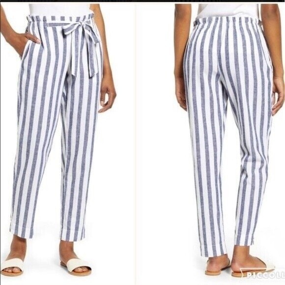 Beachlunchlounge Giavanna Stripe Linen Paper-Bag Tie Waist Pant Pull On Coastal - Picture 2 of 16